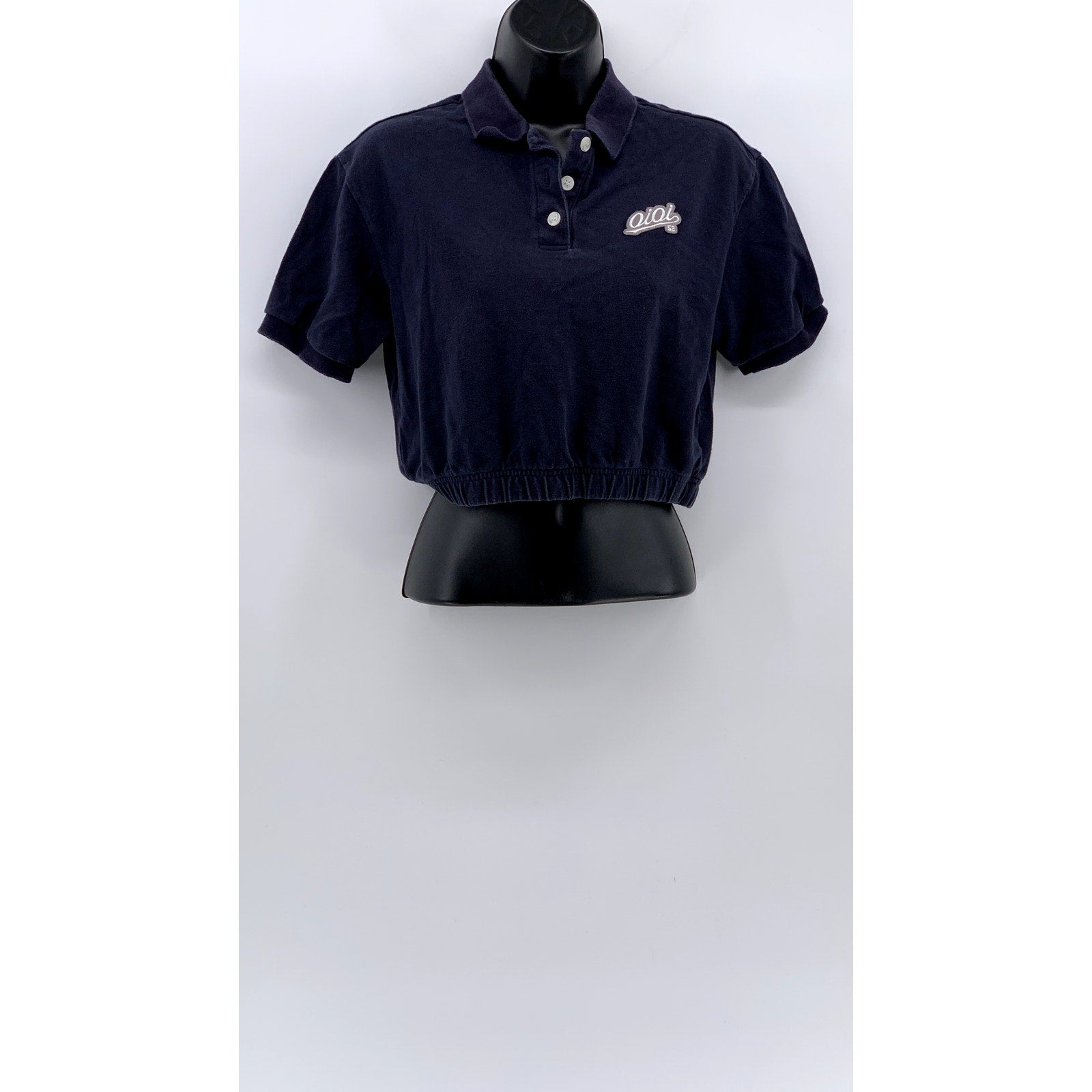 5252 BY OI OI Women's Navy Patch Logo Short Sleeve Cropped Polo Top SZ F/OS
