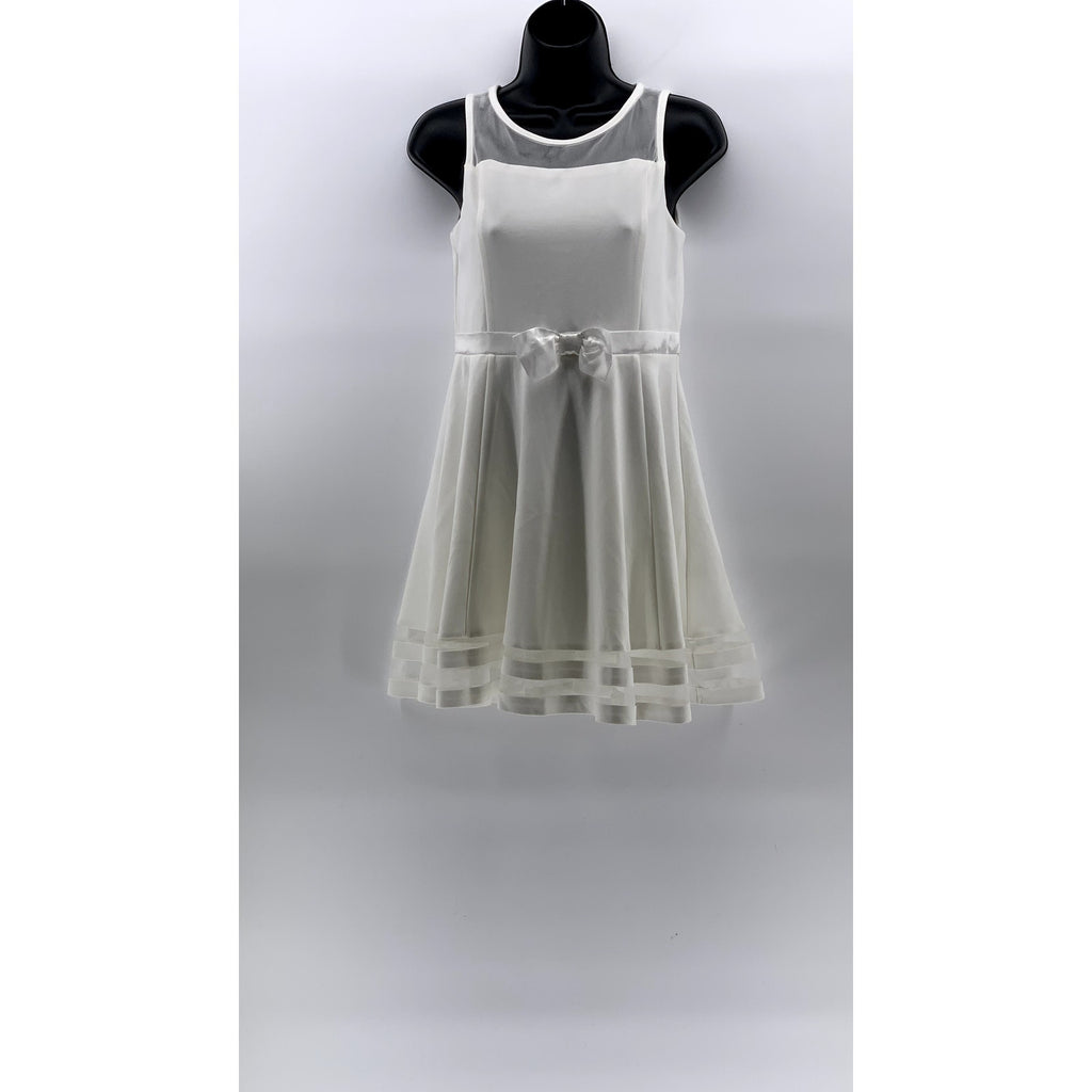 CALVIN KLEIN Girls' White Mesh Crewneck Sleeveless Fit & Flare Dress SZ 14