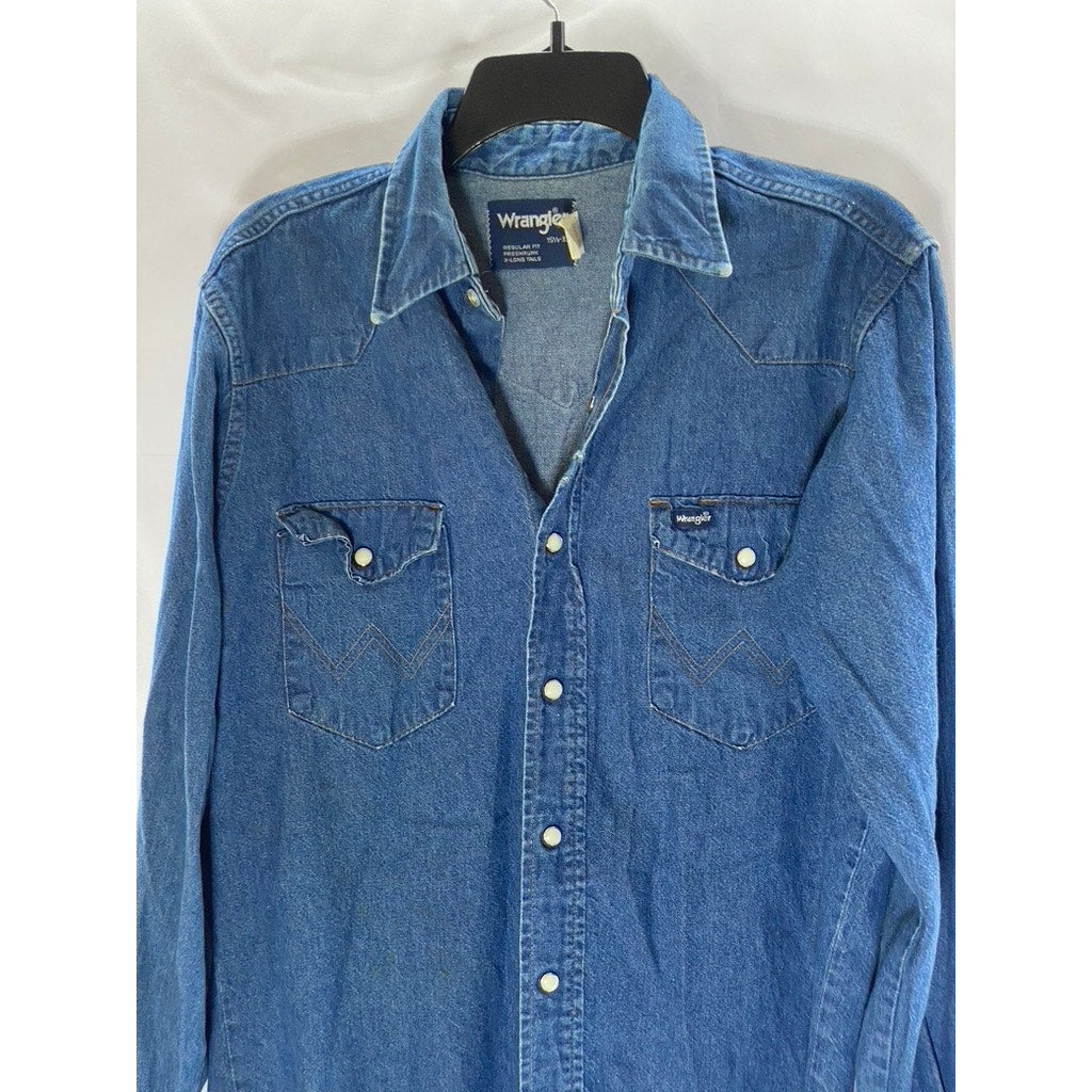 WRANGLER Men's Dark Blue Denim Regular-Fit Distressed Button-Up Shirt SZ 15.5 33