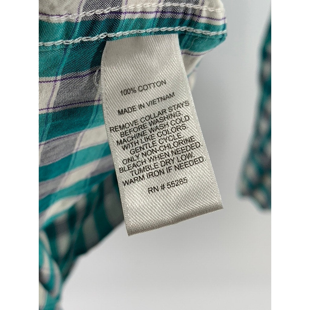 EXPRESS Men's Teal-White Plaid Extra Slim-Fit Button-Up Long Sleeve Shirt SZ M