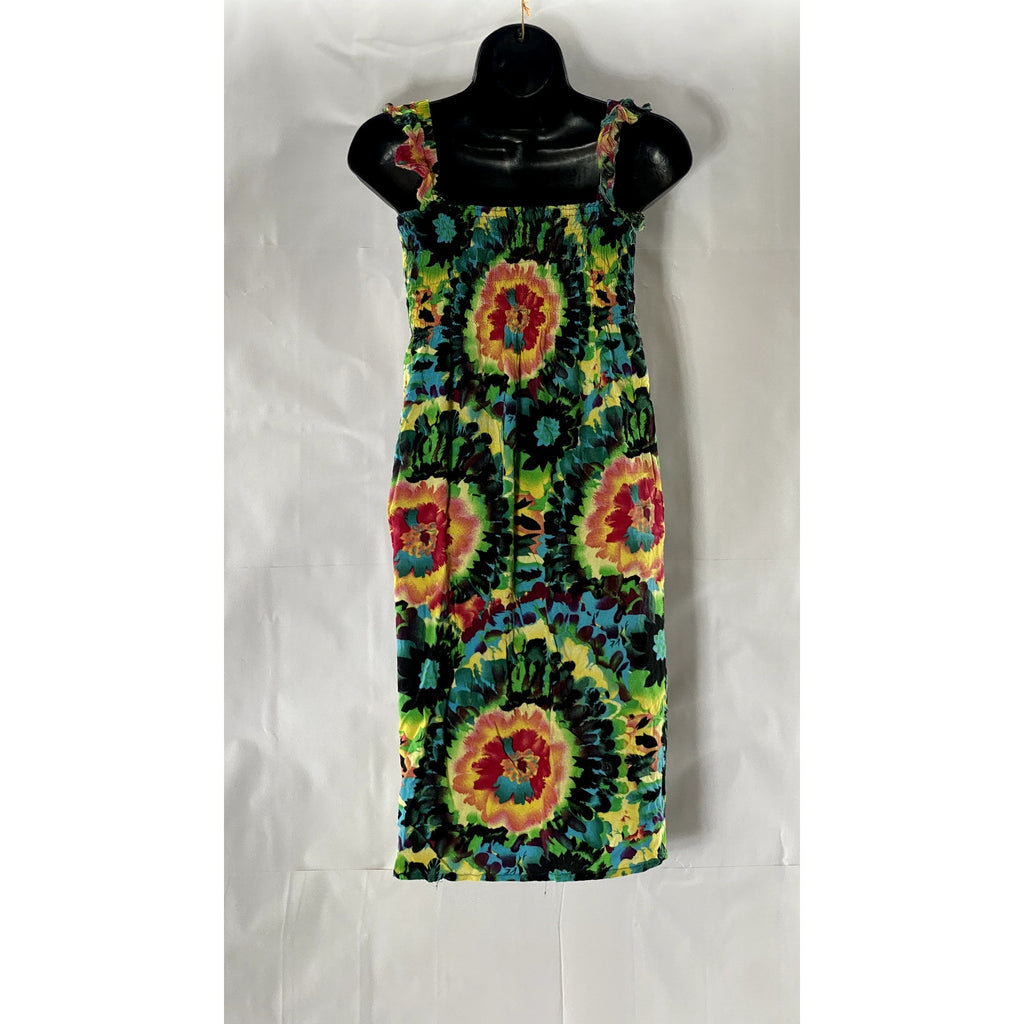 UNBRANDED Women's Green Multicolor Tie-Dye Print Smocked Ruffle Sleeve Dress SZS