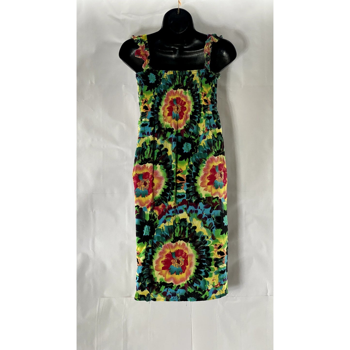 UNBRANDED Women's Green Multicolor Tie-Dye Print Smocked Ruffle Sleeve Dress SZS