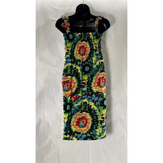 UNBRANDED Women's Green Multicolor Tie-Dye Print Smocked Ruffle Sleeve Dress SZS