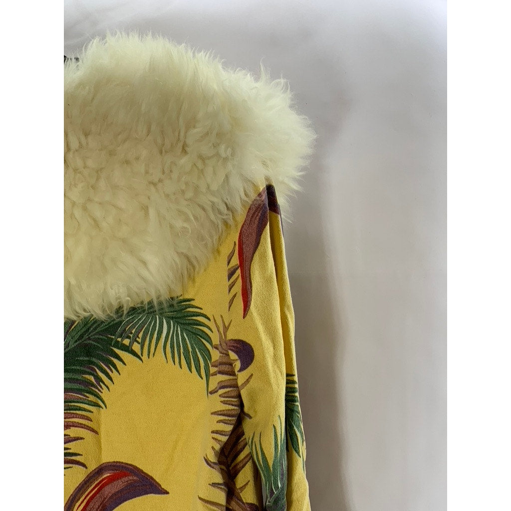 WESTERLY USA Women's Vintage Yellow Floral Fur Collar Zip-Up Jacket SZ M