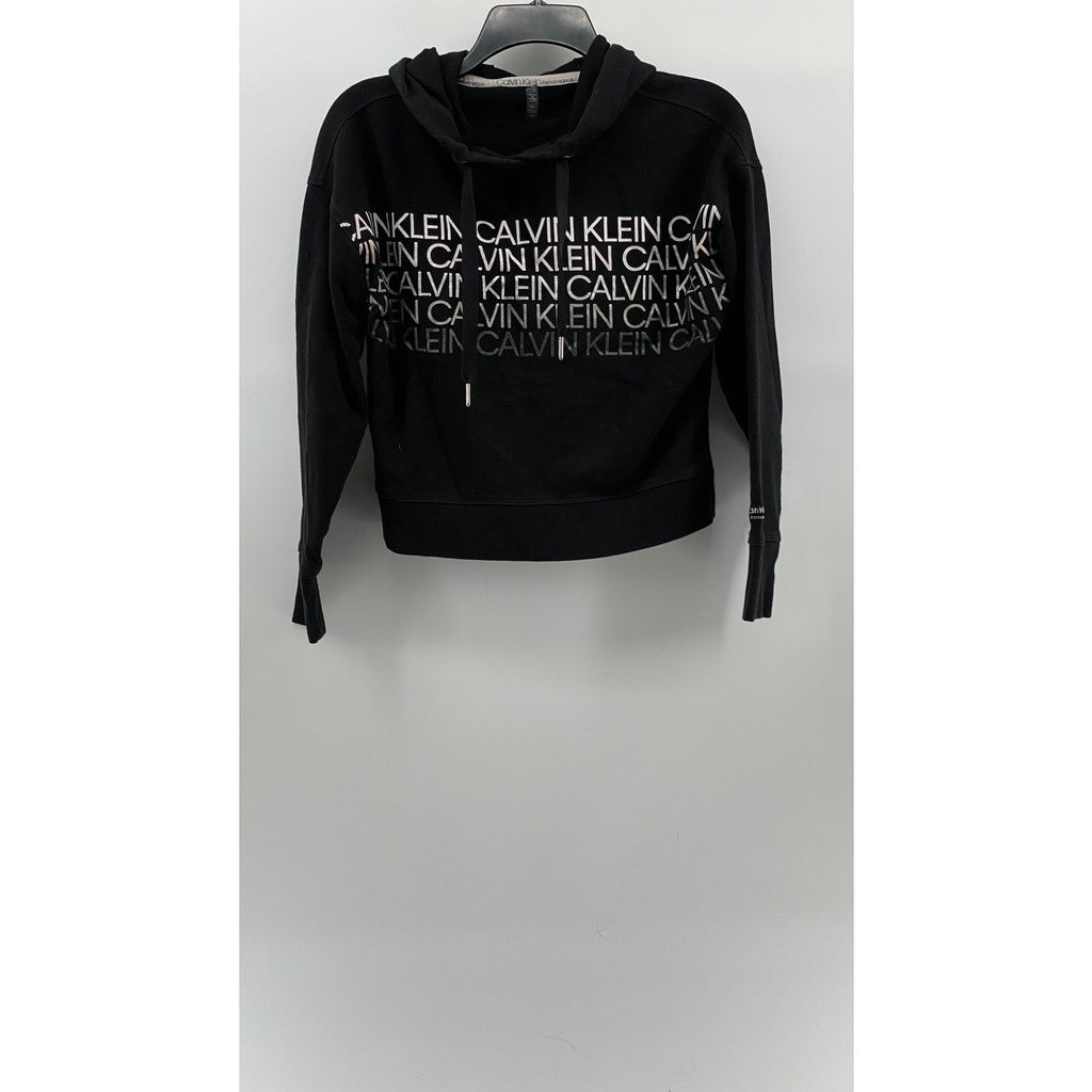 CALVIN KLEIN Women's Black Logo Pullover Hooded Cropped Sweater SZ XS