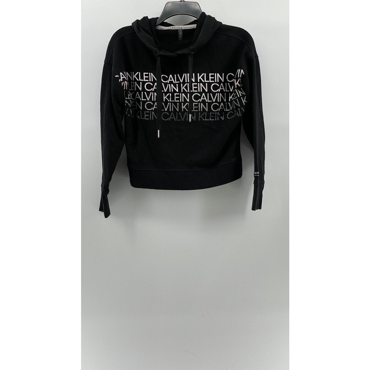 CALVIN KLEIN Women's Black Logo Pullover Hooded Cropped Sweater SZ XS