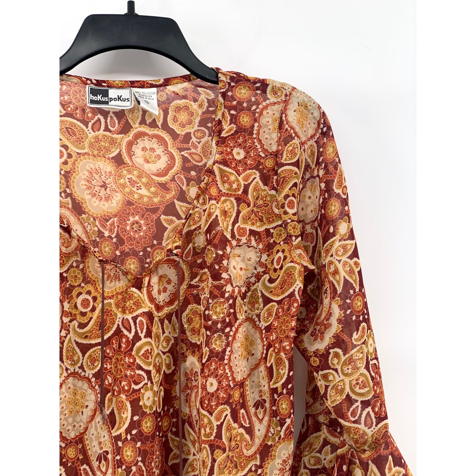 HOKUSPOKUS Women's Vintage Y2K Orange Floral Sequin Long Bell Sleeve Top SZ L