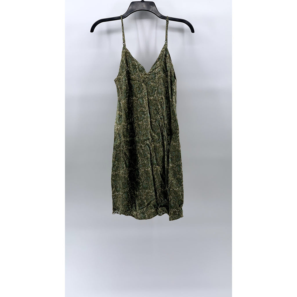 ZARA Women's Green Printed Ruched V-Neck Spaghetti Strap Mini Dress SZ M