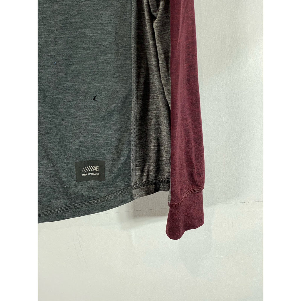 AMERICAN EAGLE Men's Burgundy/Grey Colorblock Crewneck AE Flex T-Shirt SZ S