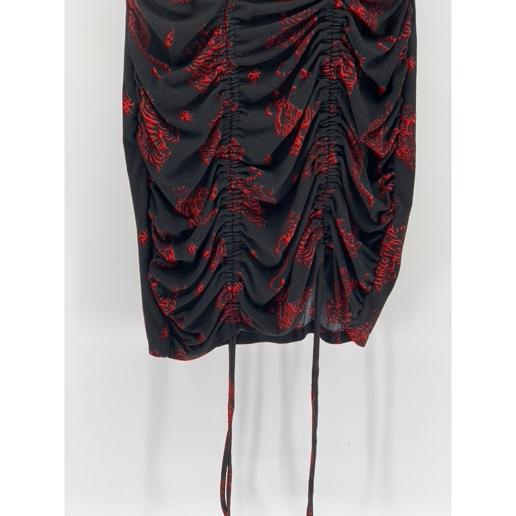 DIVIDED By H&M Women's Black-Red Printed Drawstring Cinched Bodycon Dress SZ L
