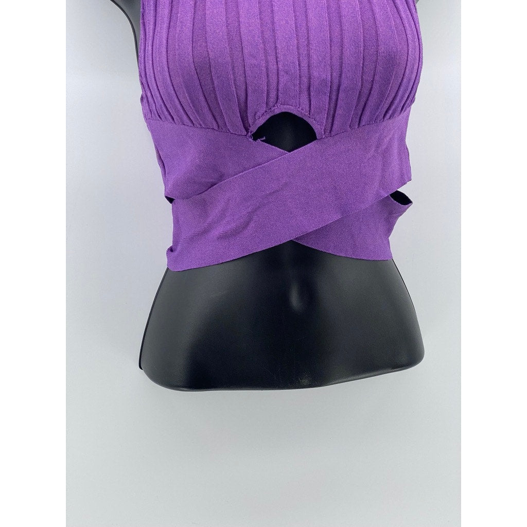ZARA Women's Purple Mock-Neck Sleeveless Wide Rib Cross Hem Cropped Top SZ S