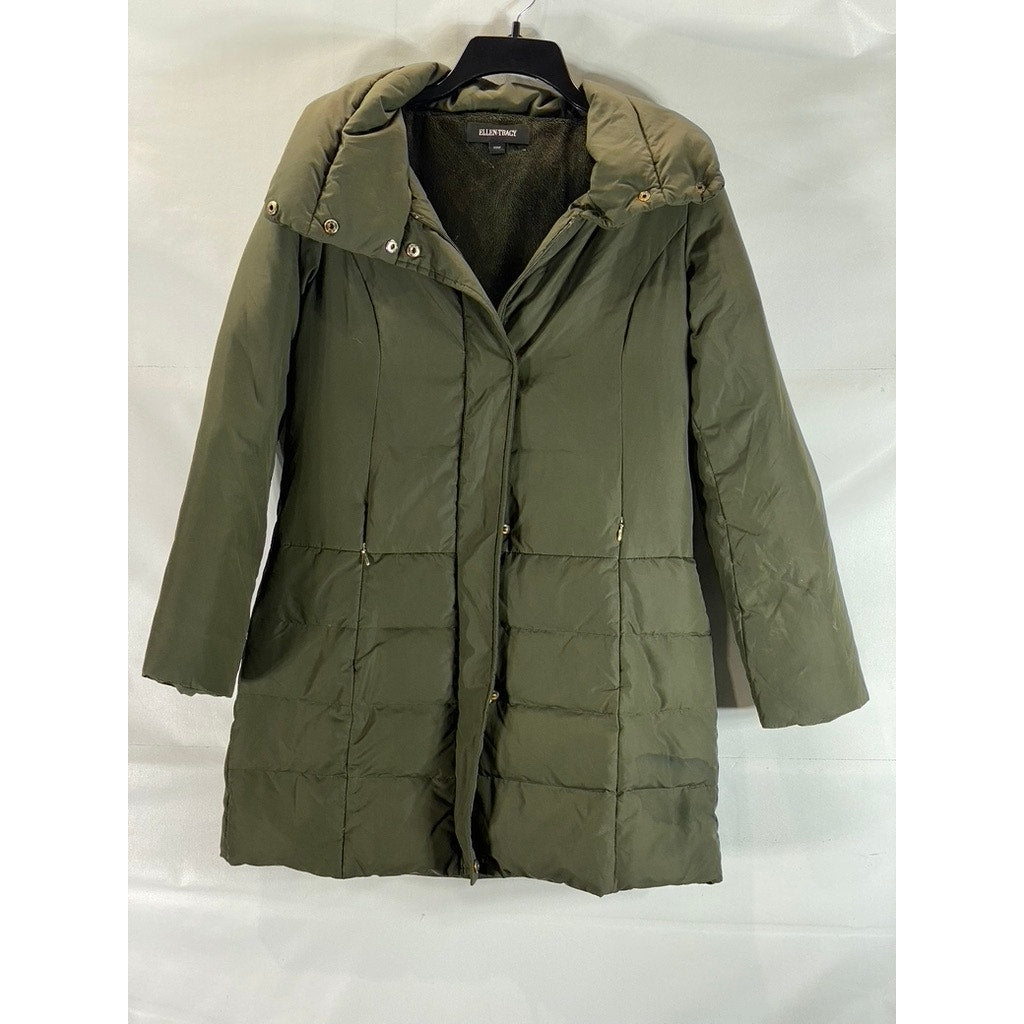 ELLEN TRACY Women's Olive Full-Zip Snap-Button Stand Collar Puffer Jacket SZ S