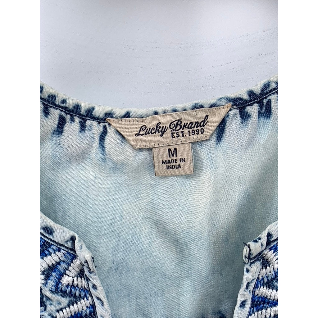 LUCKY BRAND Women's Blue Embroidered Split-Neck Tank Top SZ M