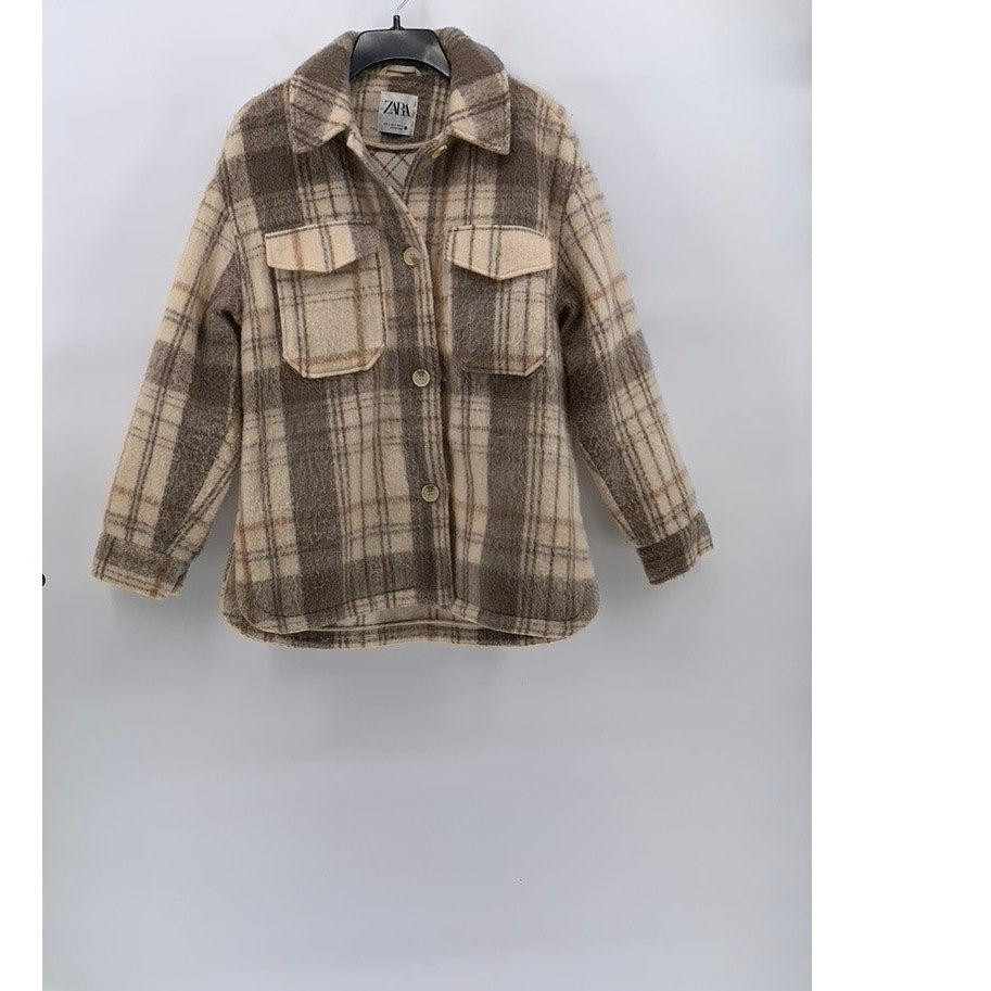ZARA Women's Brown Plaid Button-Up Long Sleeve Oversized Shirt Jacket SZ S