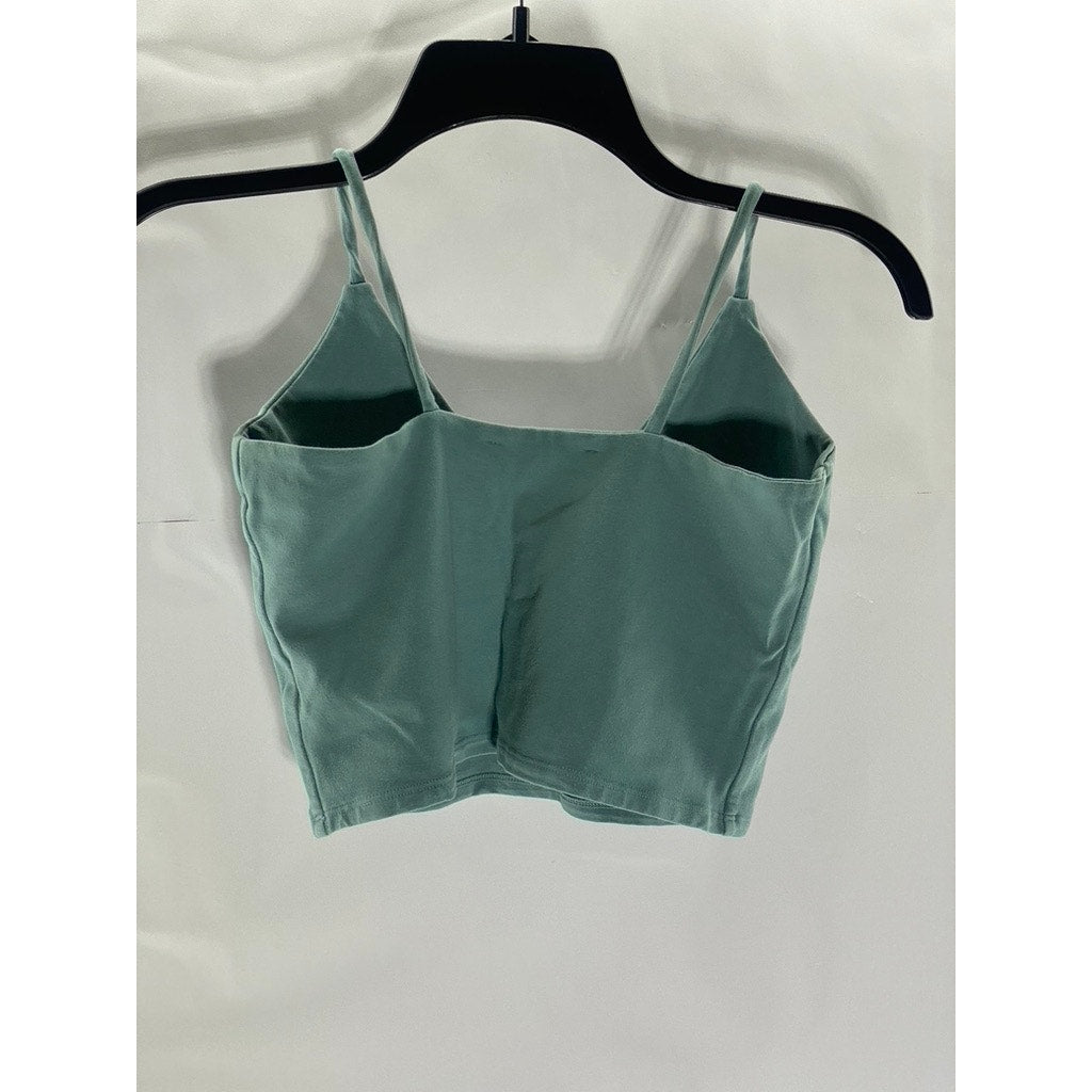 BEALEAS Women's Green V-Neck Solid Spaghetti Strap Organic Cotton Crop Top SZ XS