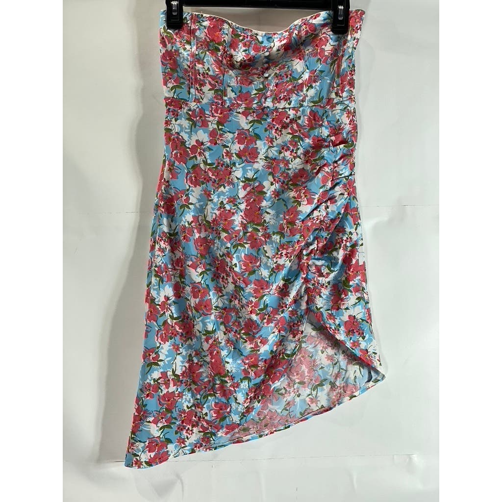 CIDER Women's Pink/Blue Floral Corset Strapless Asymmetrical-Hem Dress SZ S(US4)