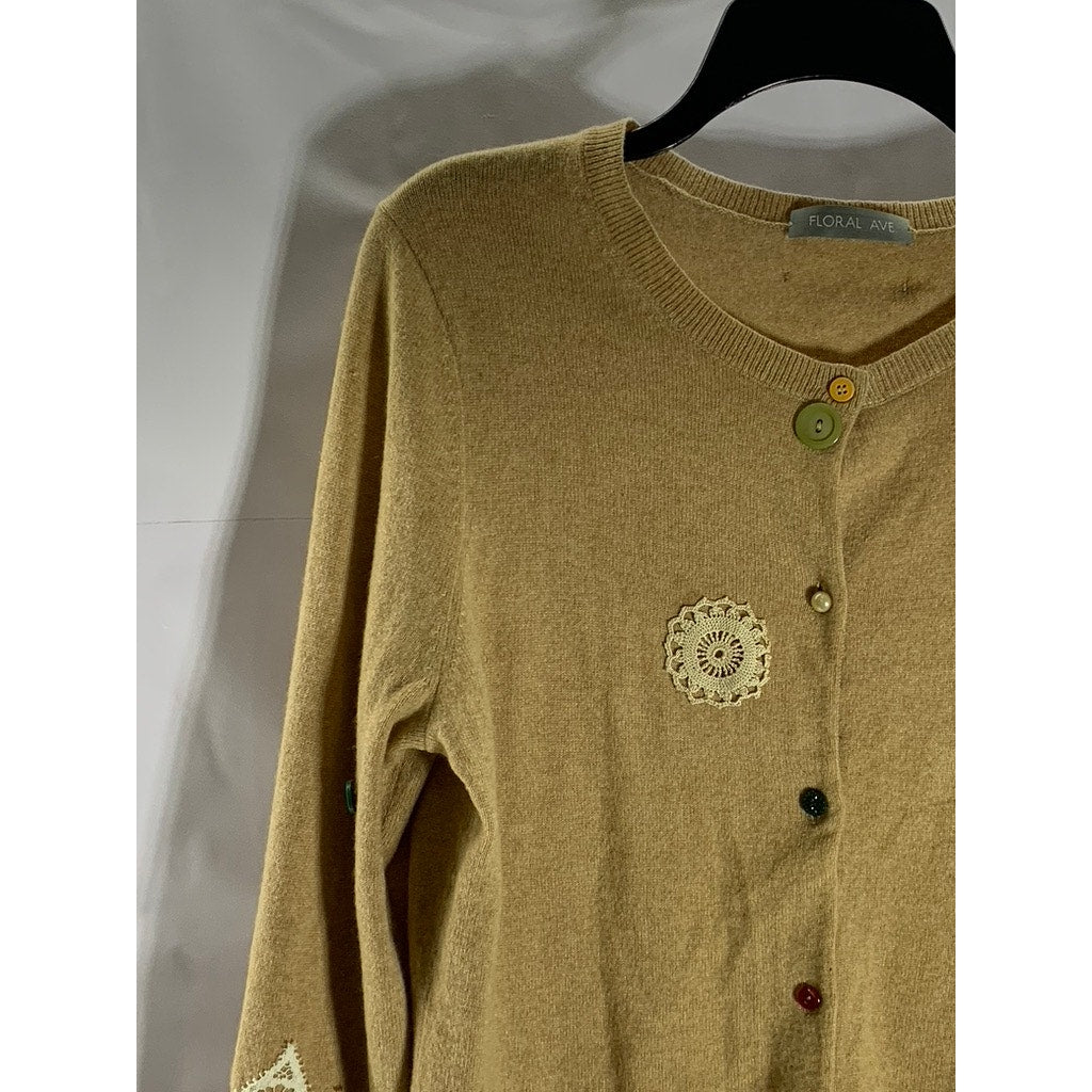 FLORAL AVE Women's Tan Cashmere Patch/Button Design Button-Up Cardigan SZ S