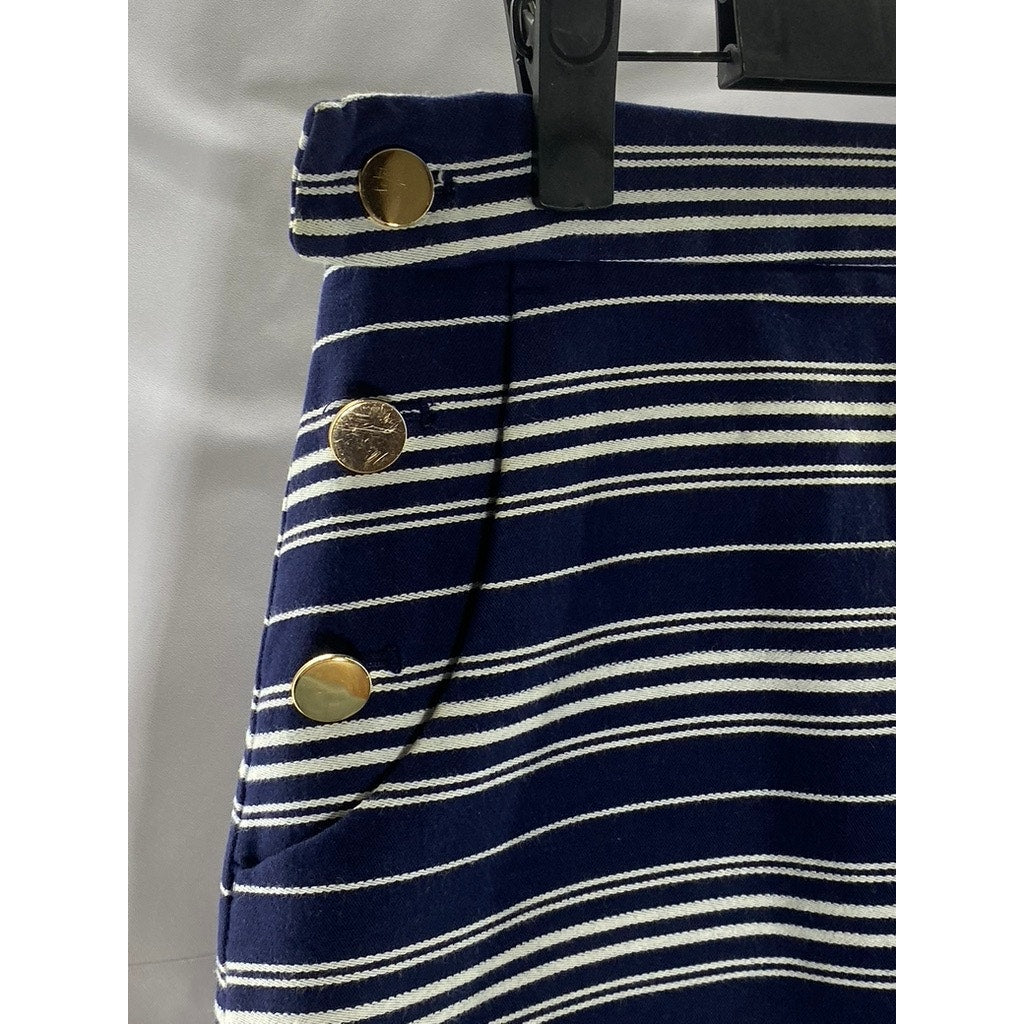 LOFT Women's Blue/White Striped Button Detail Lined Cotton-Blend Mini Skirt SZ 2
