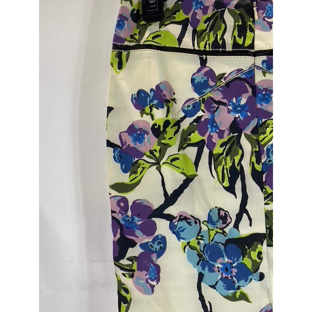 KAREN MILLEN Women's White/Purple Floral Ruffle-Hem Knee Length Skirt SZ 4