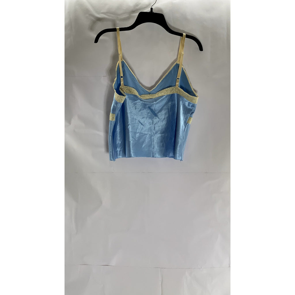 E.K. DESIGNS Women's Light Blue-Beige Satin Lace-Trim Adjustable Cami Top SZ M