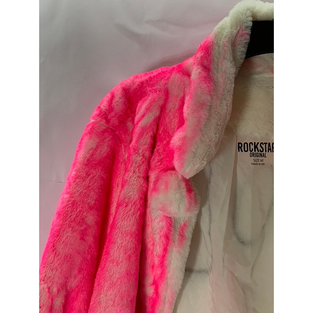 ROCKSTAR ORIGINAL Women's Pink Faux-Fur Rock Faux Graffiti Open-Front Coat SZ M