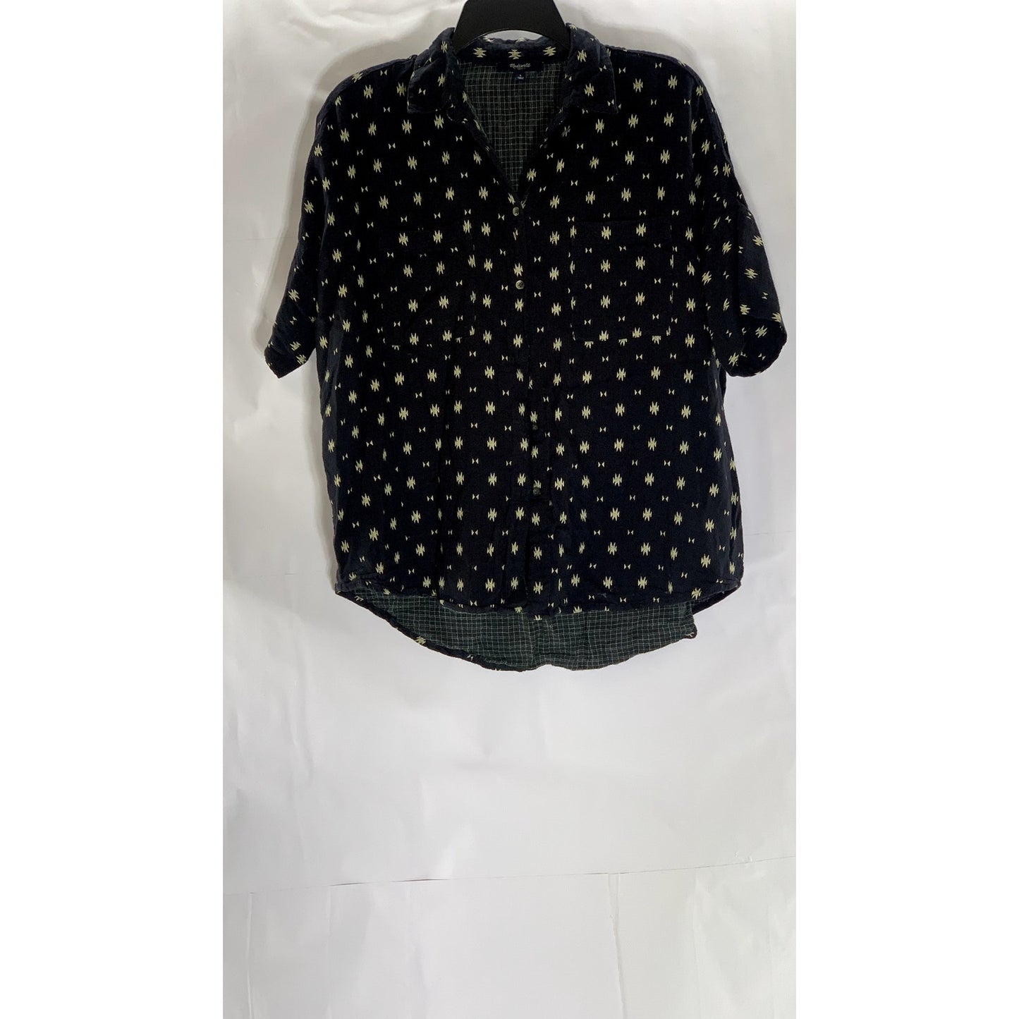 MADEWELL Women's Black Printed Short Sleeve Button-Up Oversized Top SZ S