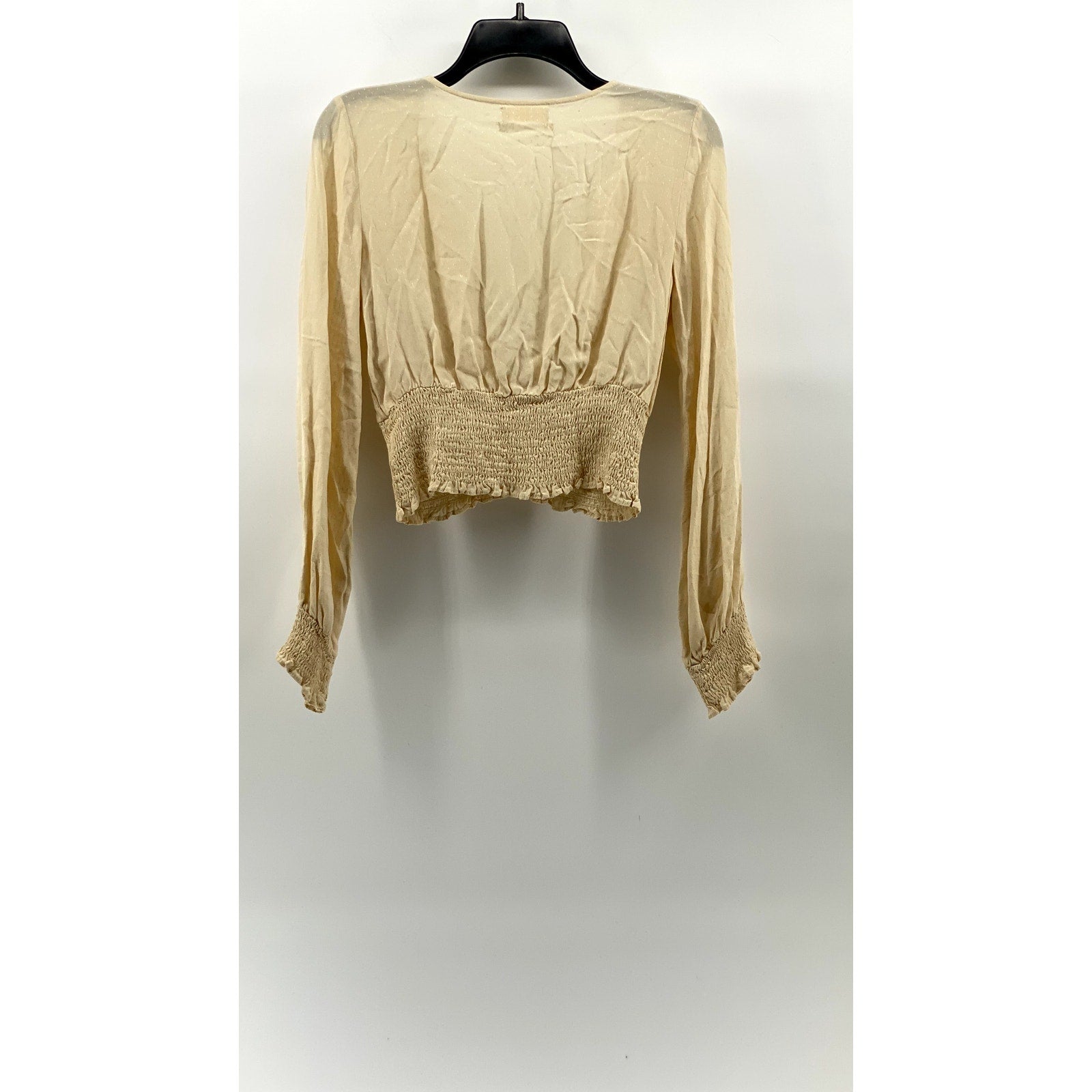 URBAN OUTFITTERS Women's Beige Ruth V-Neck Smocked Long Sleeve Cropped Top SZ M
