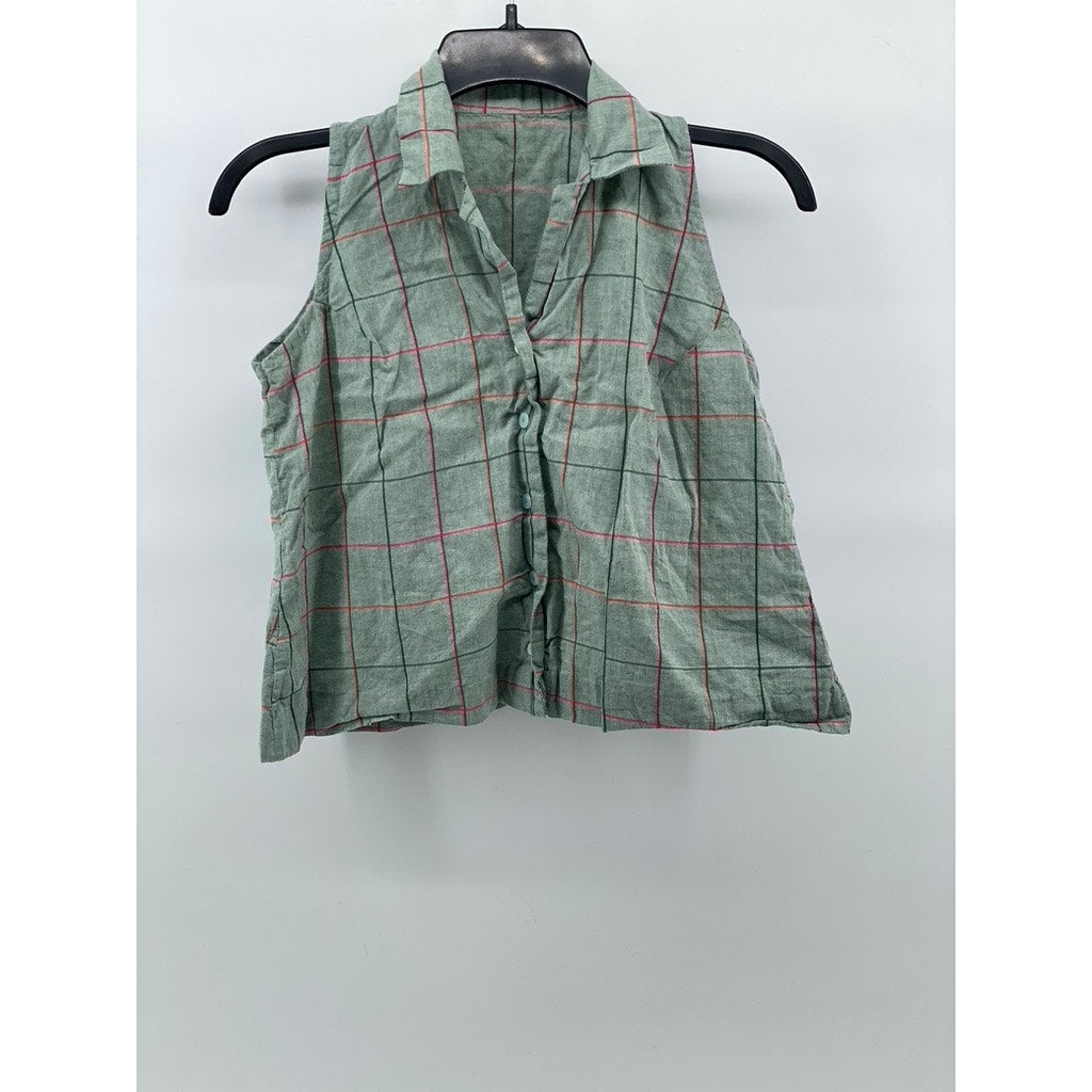 UNBRANDED Women's Green Windowpane Collared Button-Up Sleeveless Cropped Top SZS