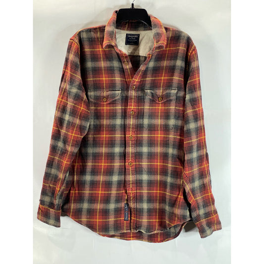 ABERCROMBIE & FITCH Men's Orange Plaid Button-Up Flannel Long Sleeve Shirt SZ L