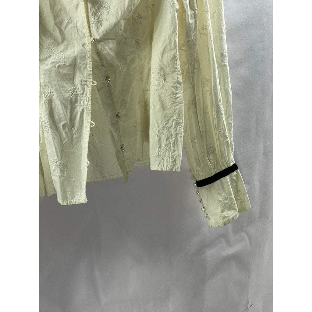 JOIE Women's White Embroidered Floral Faux-Pearl Button-Up Long Sleeve Top SZ S