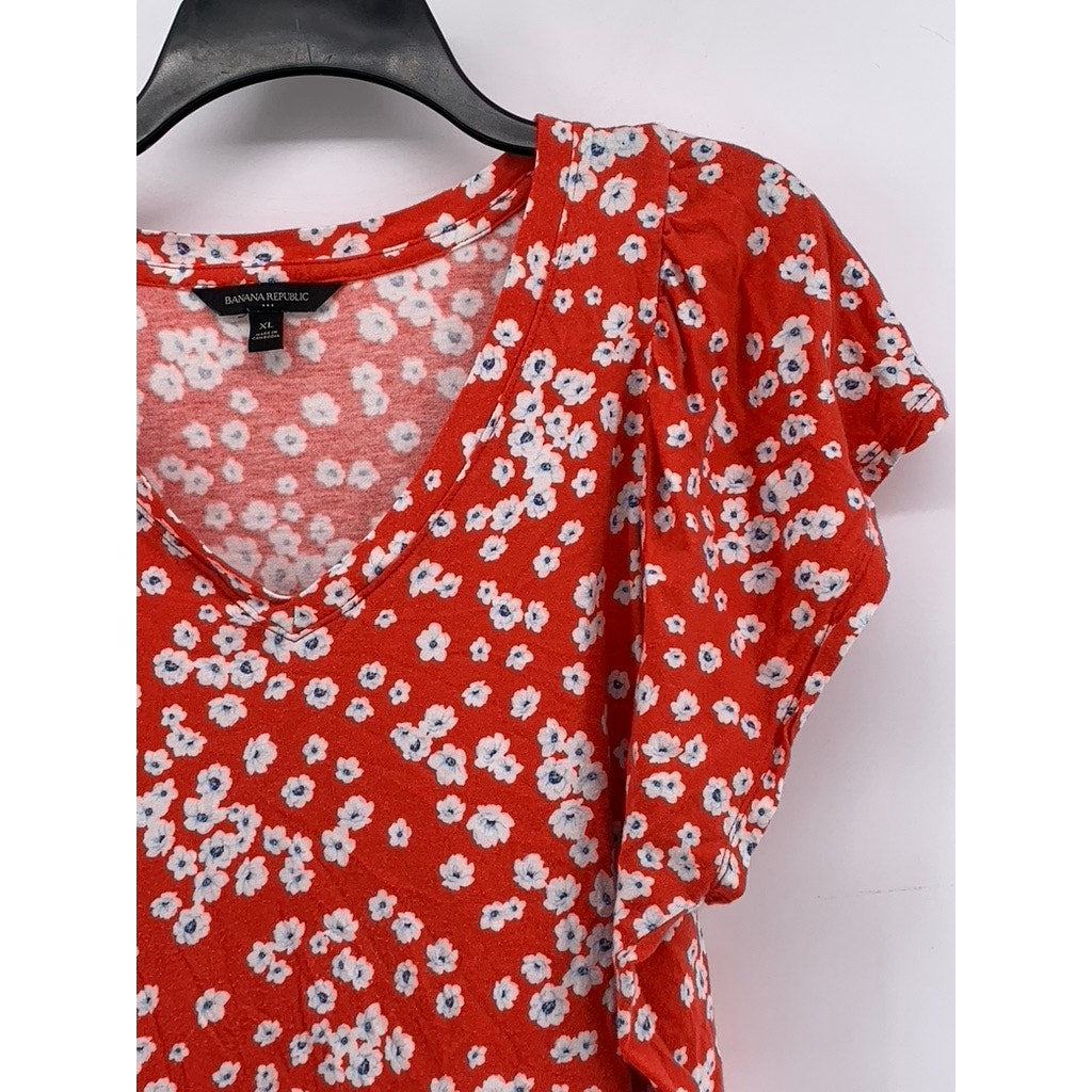 BANANA REPUBLIC Women's Red-White Cotton-Blend Floral Flutter Sleeve Top XZ XL