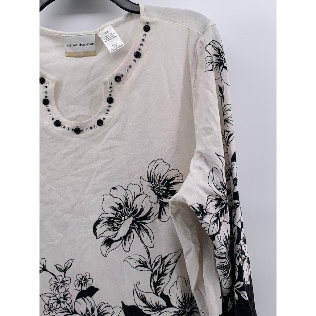 ALFRED DUNNER Women's Plus White-Black Floral 3/4 Sleeve Top SZ 2X