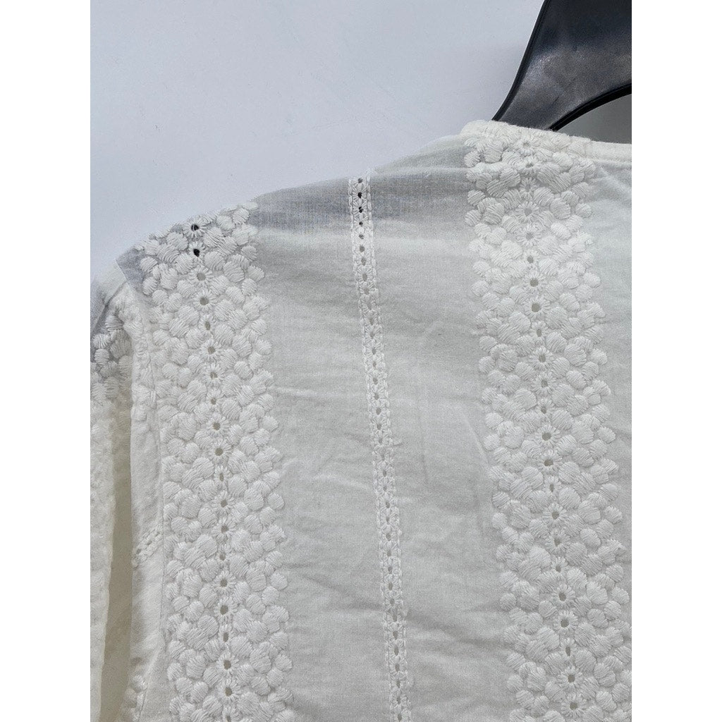 NIC & JO Women's White Embroidered Eyelet V-Neck Long Sleeve Ruffle-Hem Top SZ M