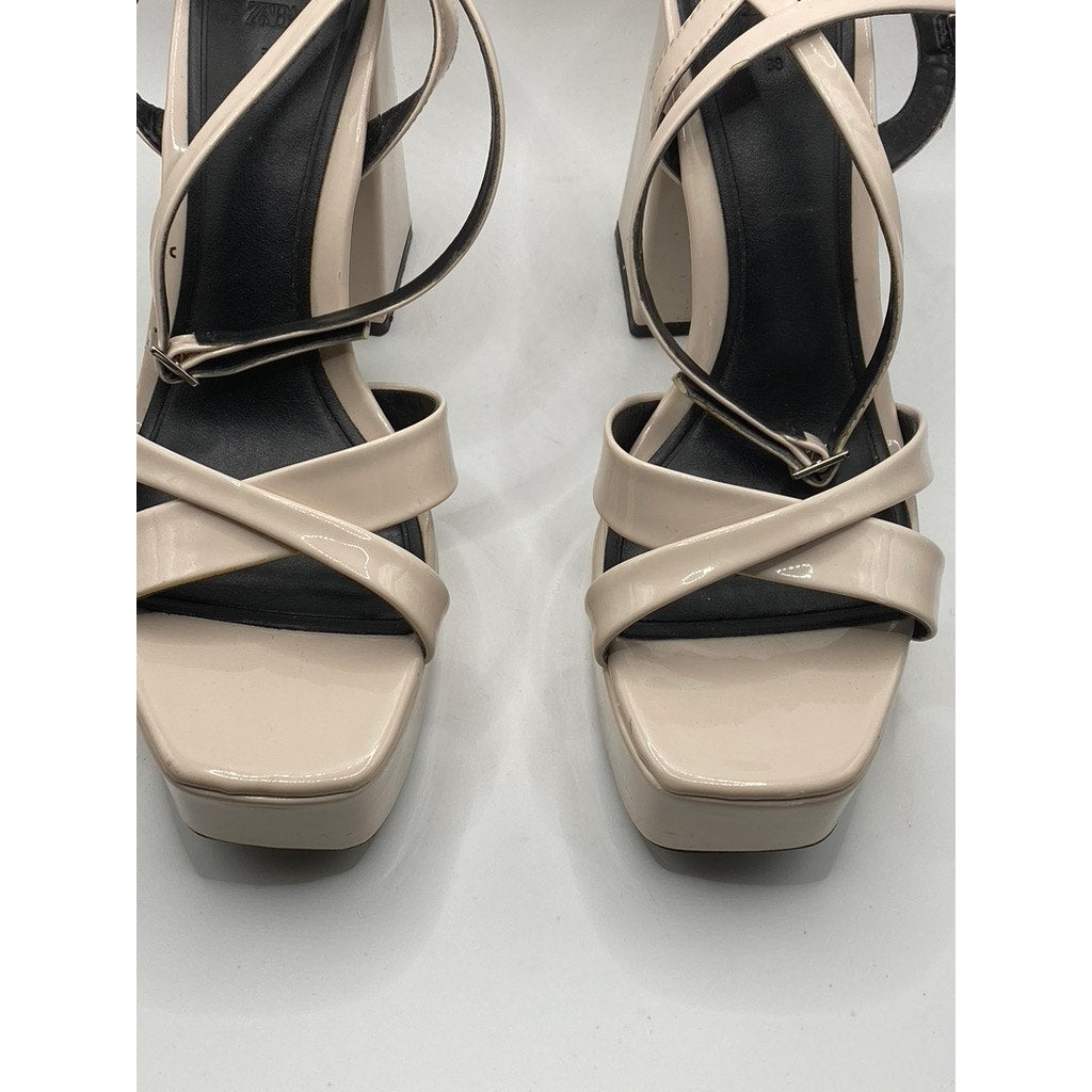 ZARA Women's Beige Patent Leather Chunky Platform Strappy Heels SZ US 7.5