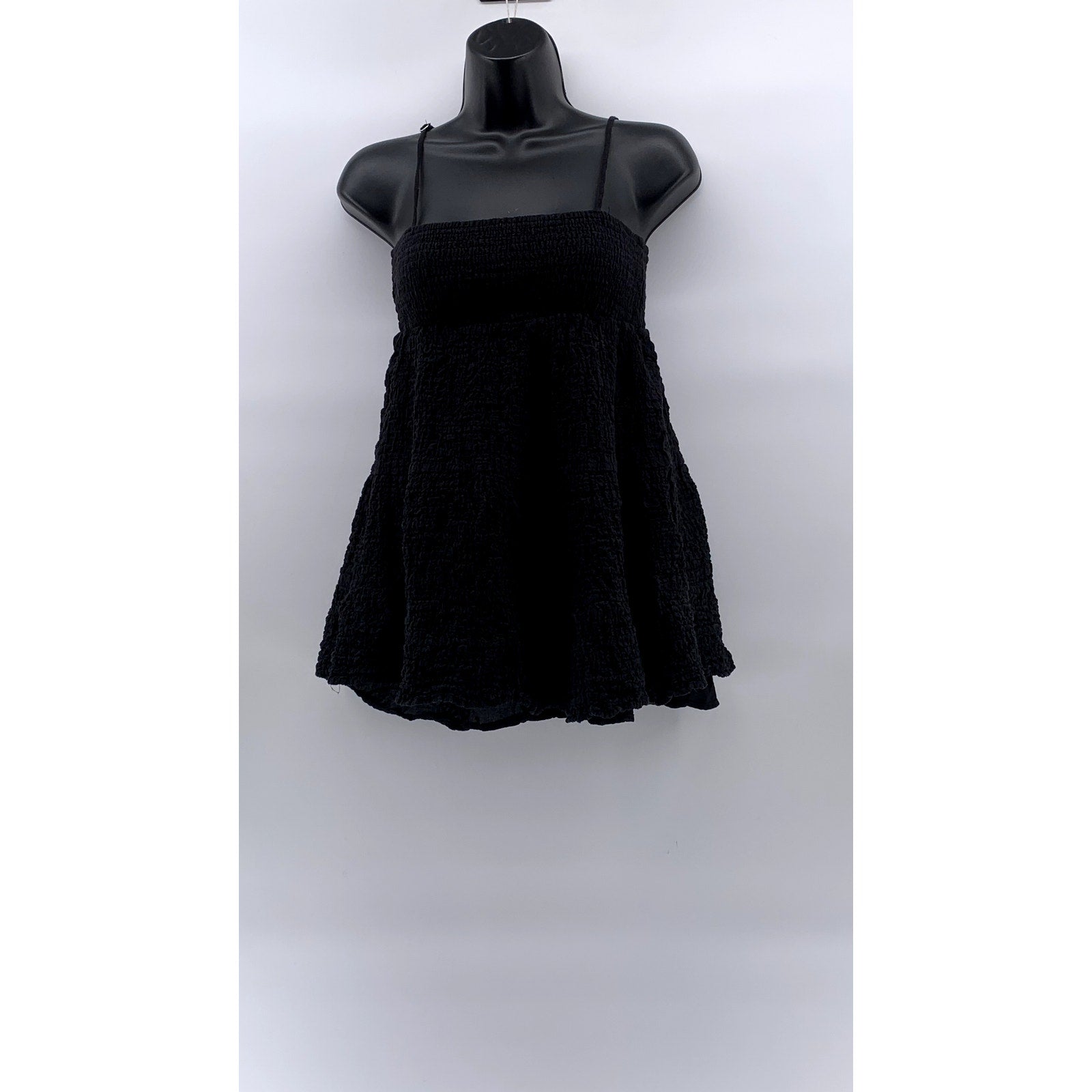 ZARA Women's Black Textured Straight-Neck Spaghetti Strap A-Line Mini Dress SZ S