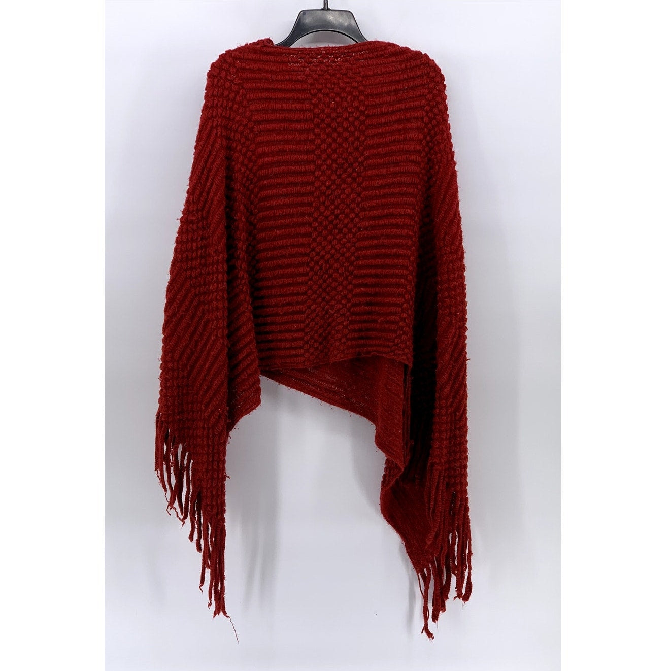 UNBRANDED Women's Red Textured Knit Asymmetrical Fringe Pullover Poncho SZ OS