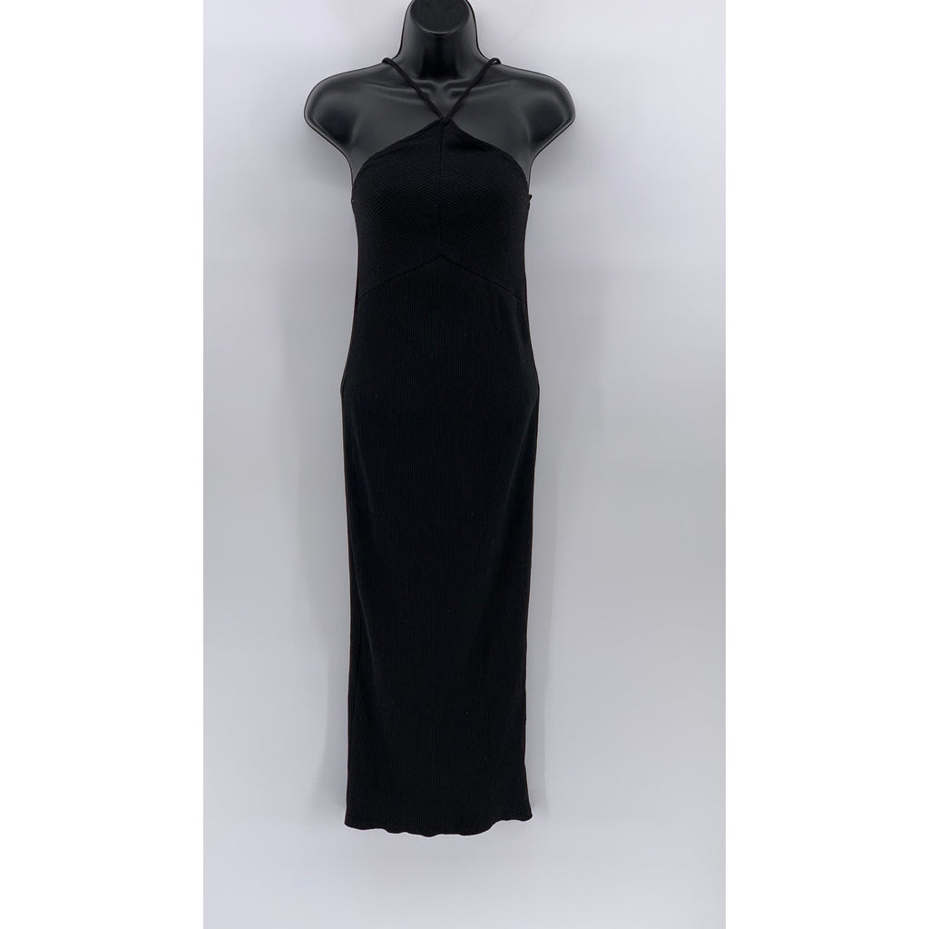ZARA Women's Black Ribbed Halter Sleeveless Open-Back Maxi Bodycon Dress SZ M