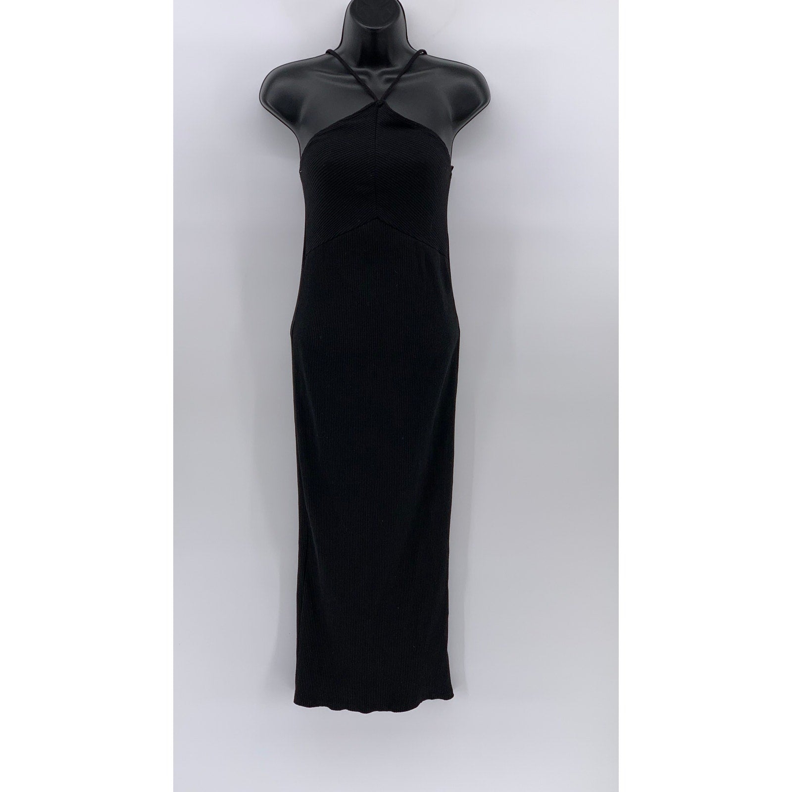 ZARA Women's Black Ribbed Halter Sleeveless Open-Back Maxi Bodycon Dress SZ M