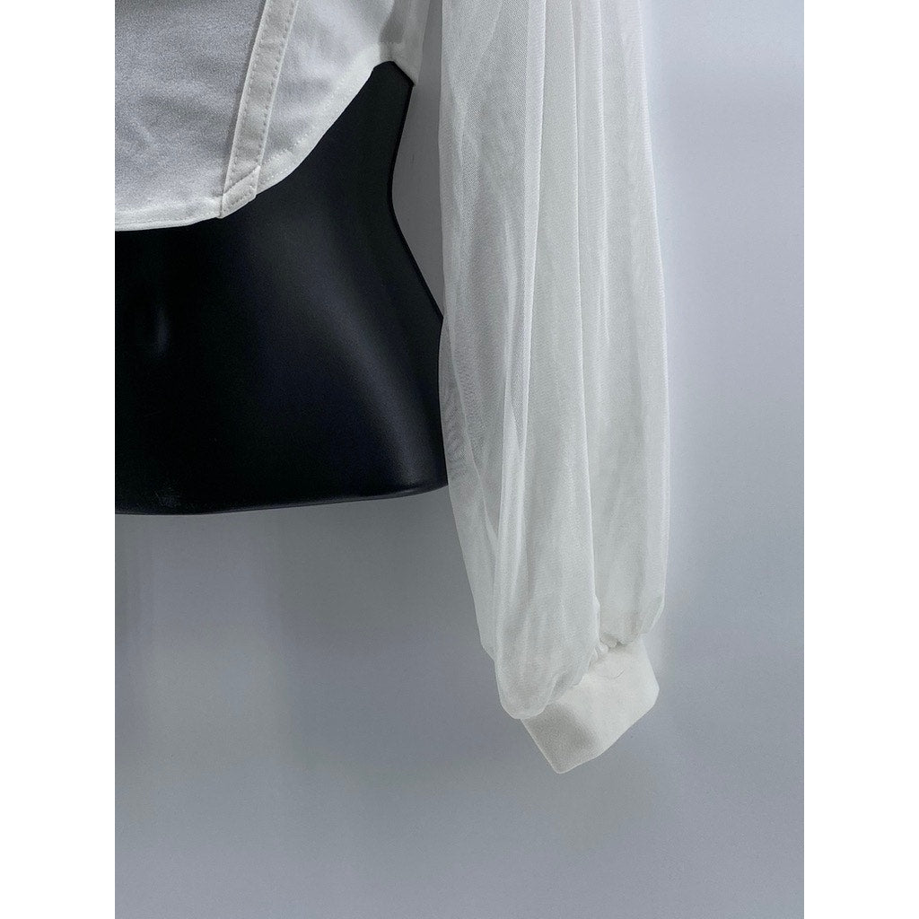 PRETTYLITTLETHING Women's White Shape Corset Sheer Long Sleeve Cropped Top SZ 2