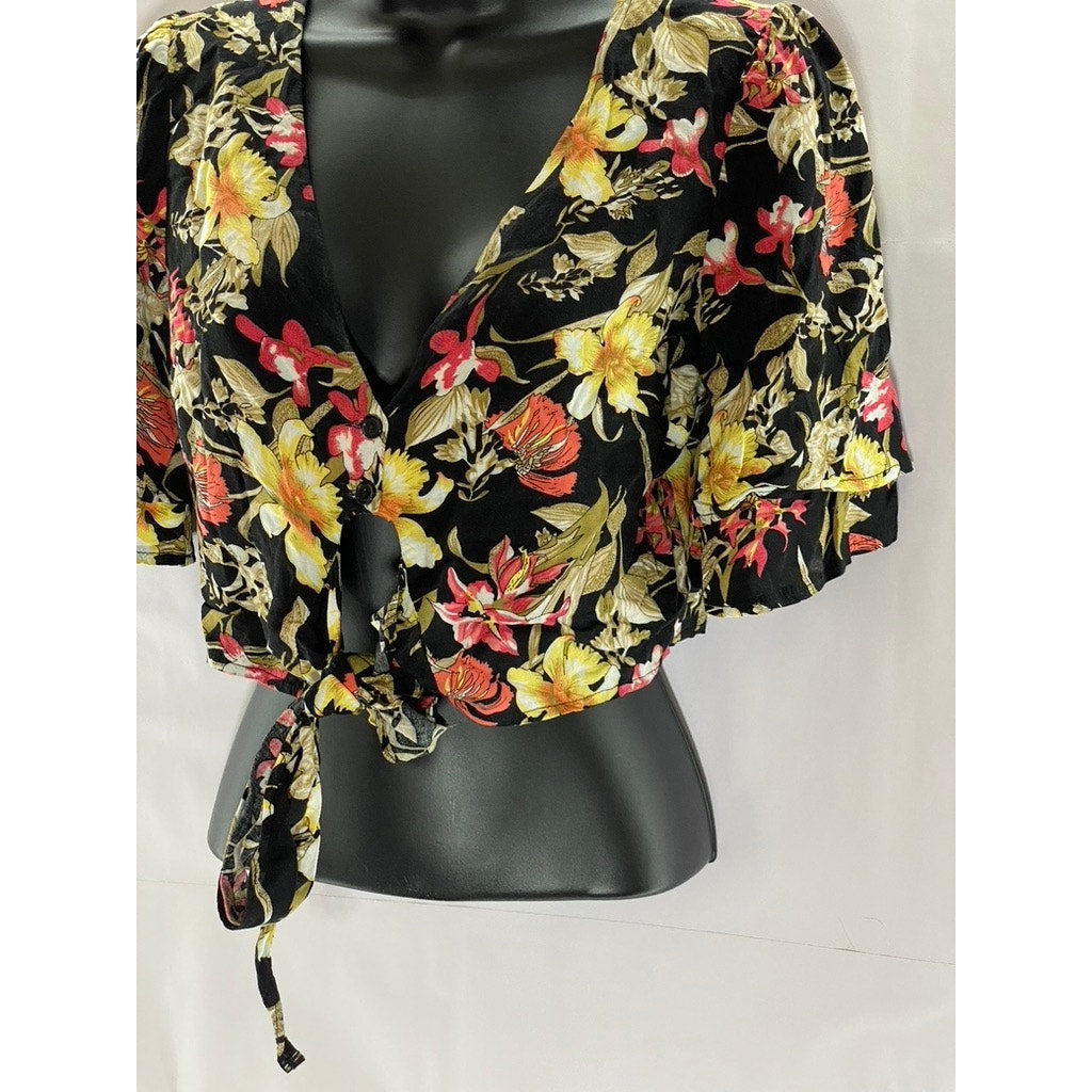 SEEK THE LABEL Women's Black Floral Tie-Front Tiered Short Sleeve Crop Top SZ XS