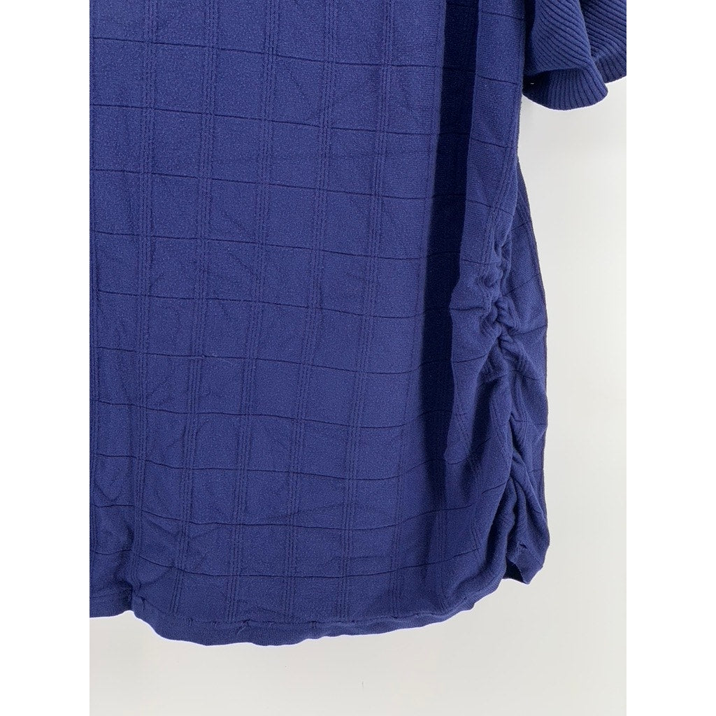 AVENUE Women's Plus Navy Side Ruched Windowpane Short Sleeve Top SZ 26/28