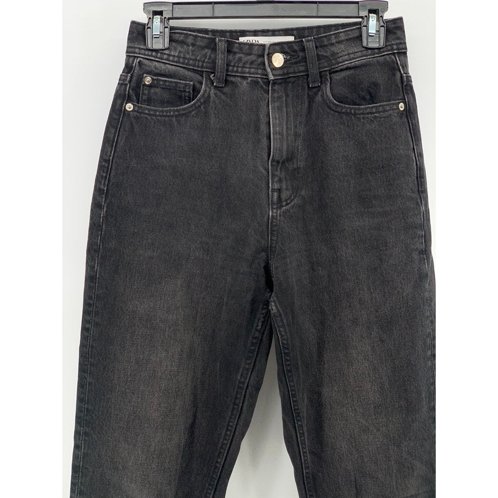 ZARA Women's Black Denim High-Rise Slim-Leg Five-Pocket Ankle Mom Jeans SZ 2