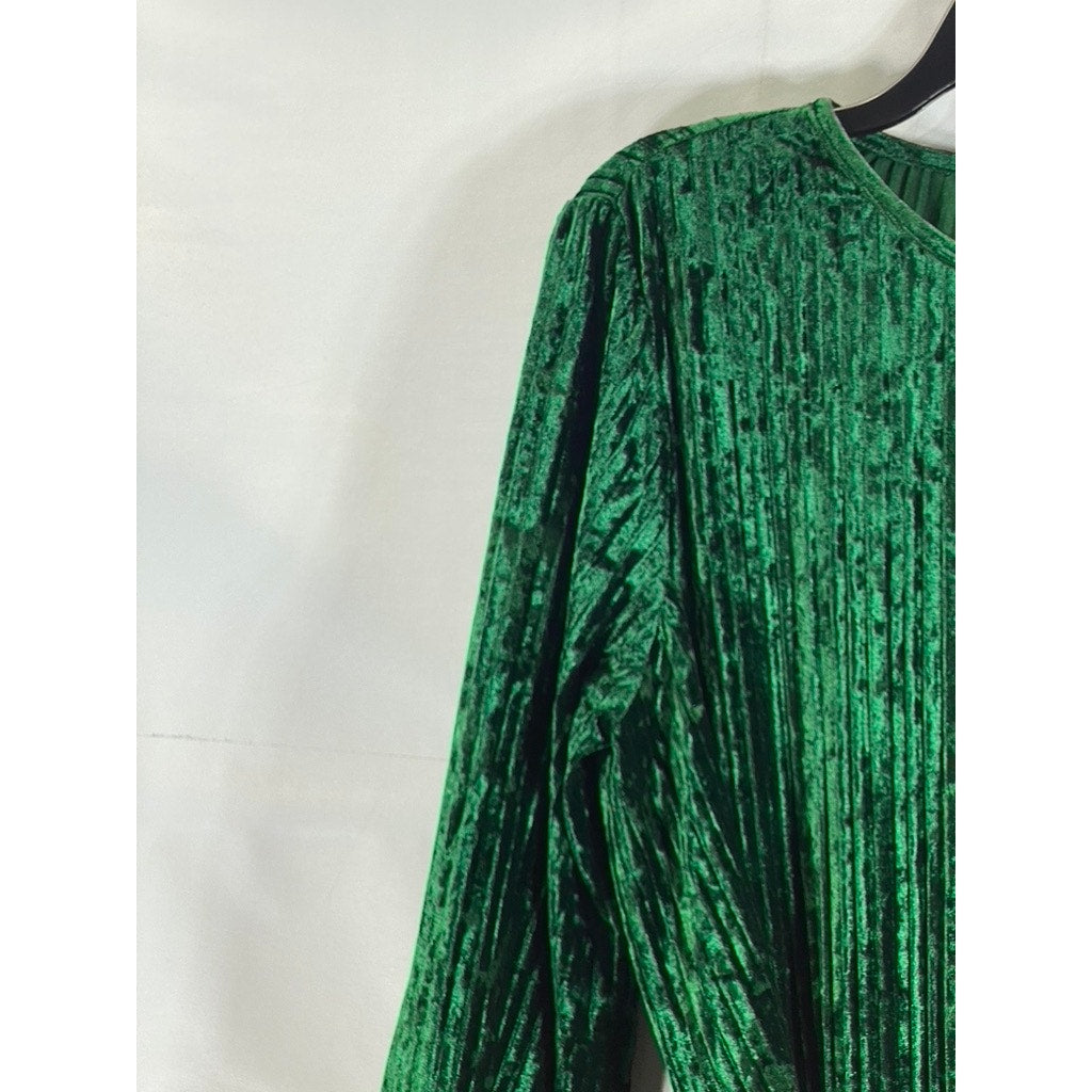 DRESS FORUM Women's Dark Green Crewneck Pleated Velvet Waist Tie Mini Dress SZ M