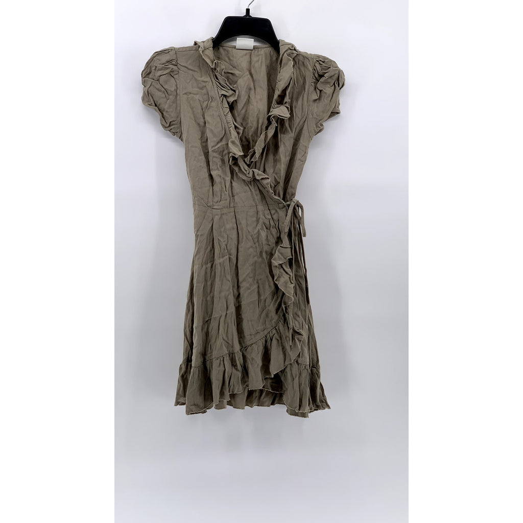 SUNDAY BEST Women's Light Brown Wrap Short Sleeve Ruffle Dress SZ 2XS
