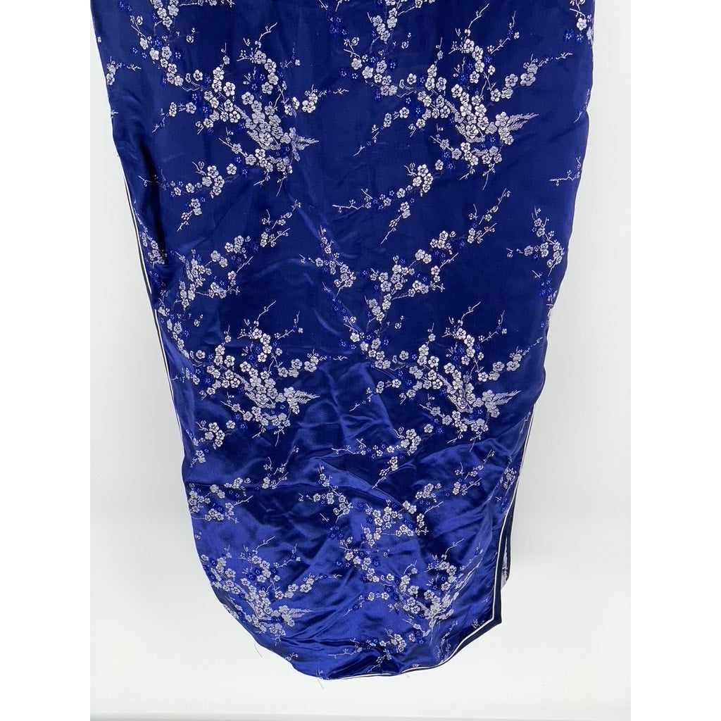 UNBRANDED Women's Dark Blue Satin Floral Print Cheongsam Dress SZ 38(US10)