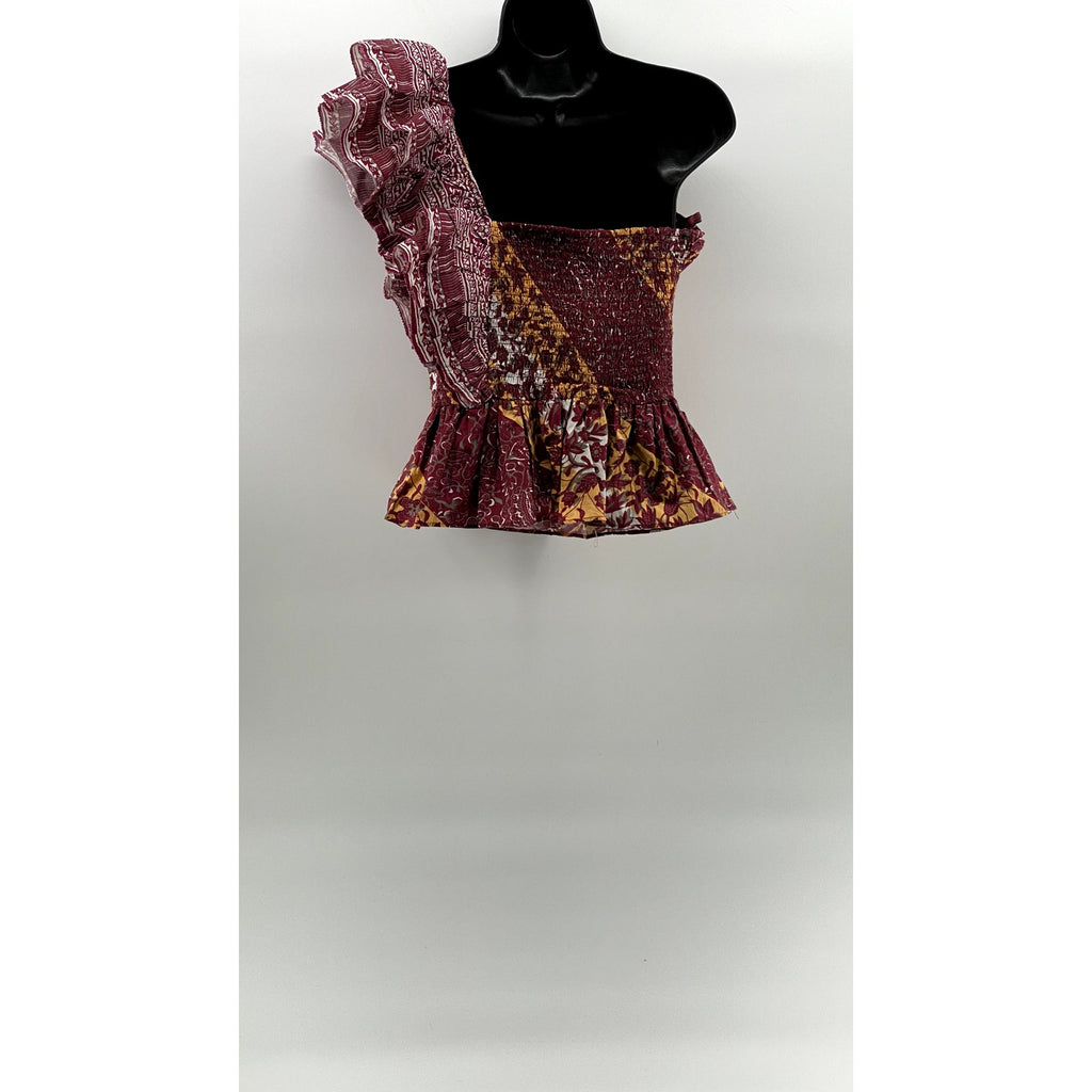 LOVE THE LABEL Women's Red Printed Ruffle One-Shoulder Smocked Top SZ M