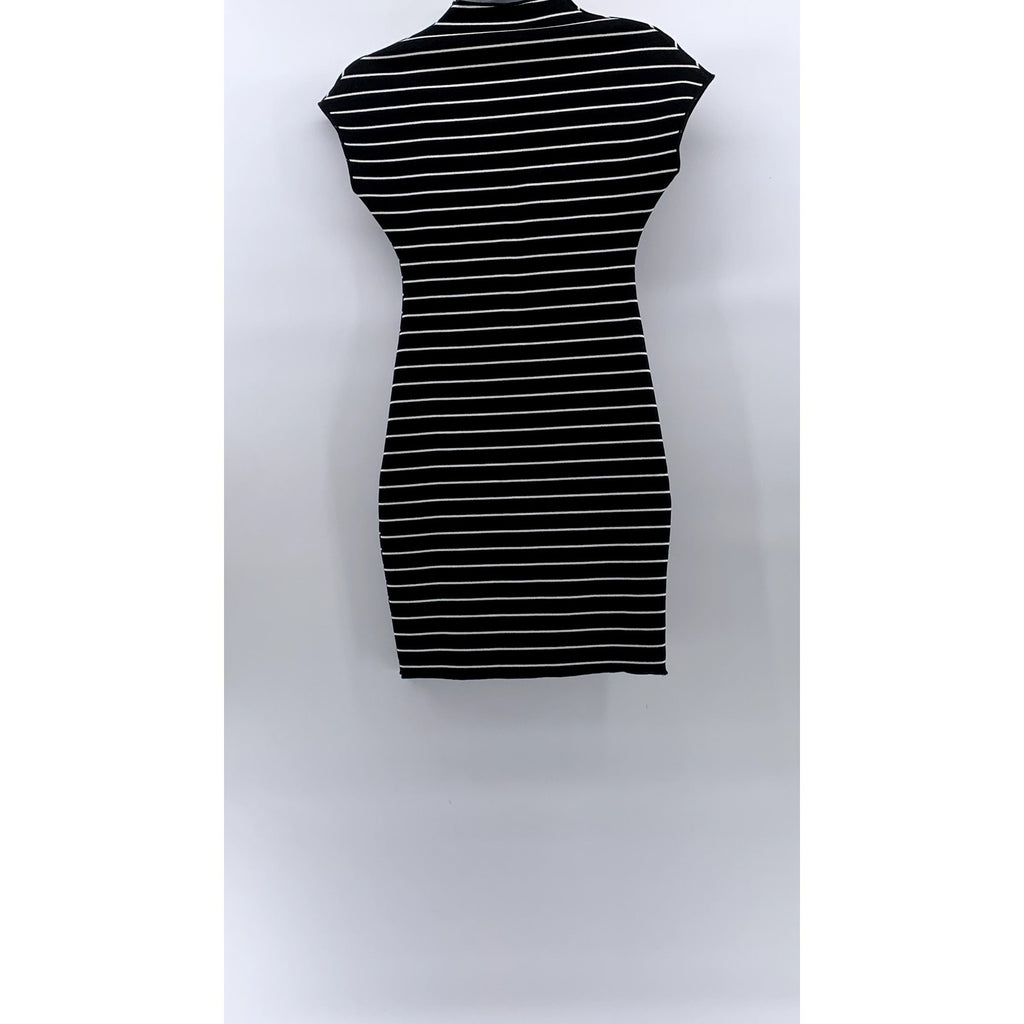 ZARA Women's Black-White Striped High-Neck Knit Short Sleeve Mini Dress SZ S