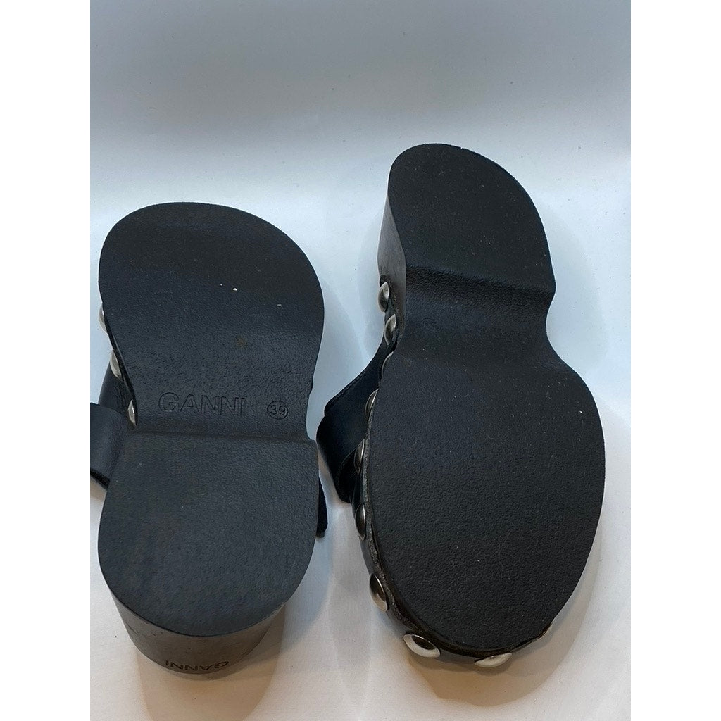 GANNI Women's Black Leather Retro Studded Slip-On Clog SZ 39(US9)