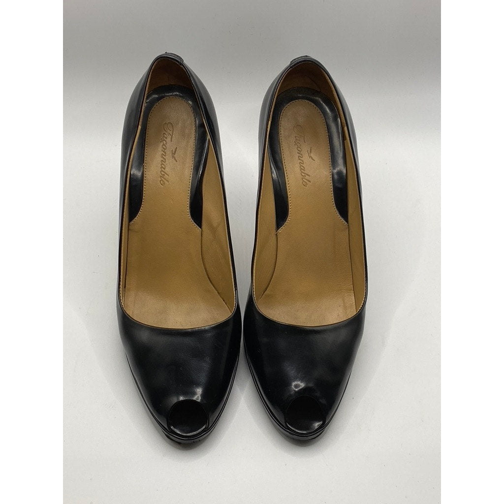 FACONNABLE Women's Black Leather Peep-Toe Slip-On Stiletto Heels SZ 6.5