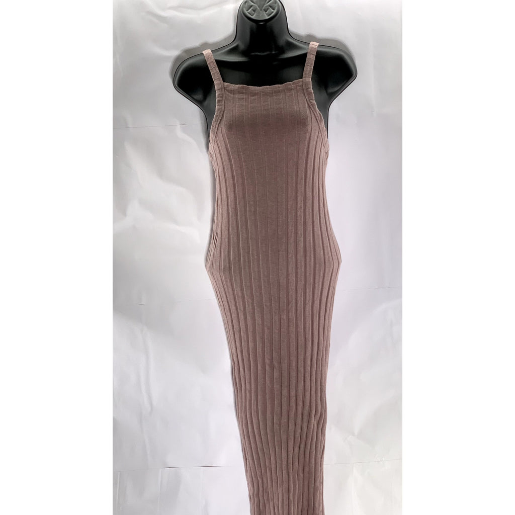 ZARA Women's Taupe Ribbed Straight-Neck Sleeveless Midi Bodycon Halter Dress SZS